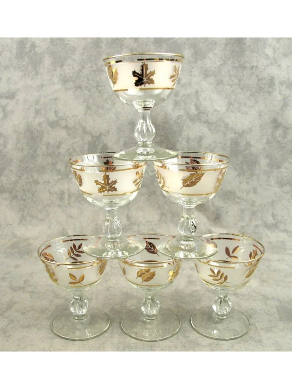 Vintage Libbey Golden Foliage Frosted Champagne Sherbet Glasses Set of 6 MCM